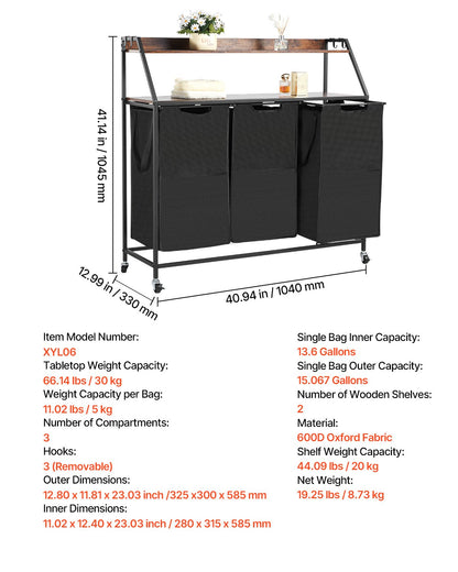 2 Tiers Laundry Sorter, Tall Laundry Hamper with Metal Frame and Wooden Tabletop, 3 Section Rolling Basket Organizer Storage with Ladder Shelves and 600D Oxford Cloth Bags for Dirty Clothes