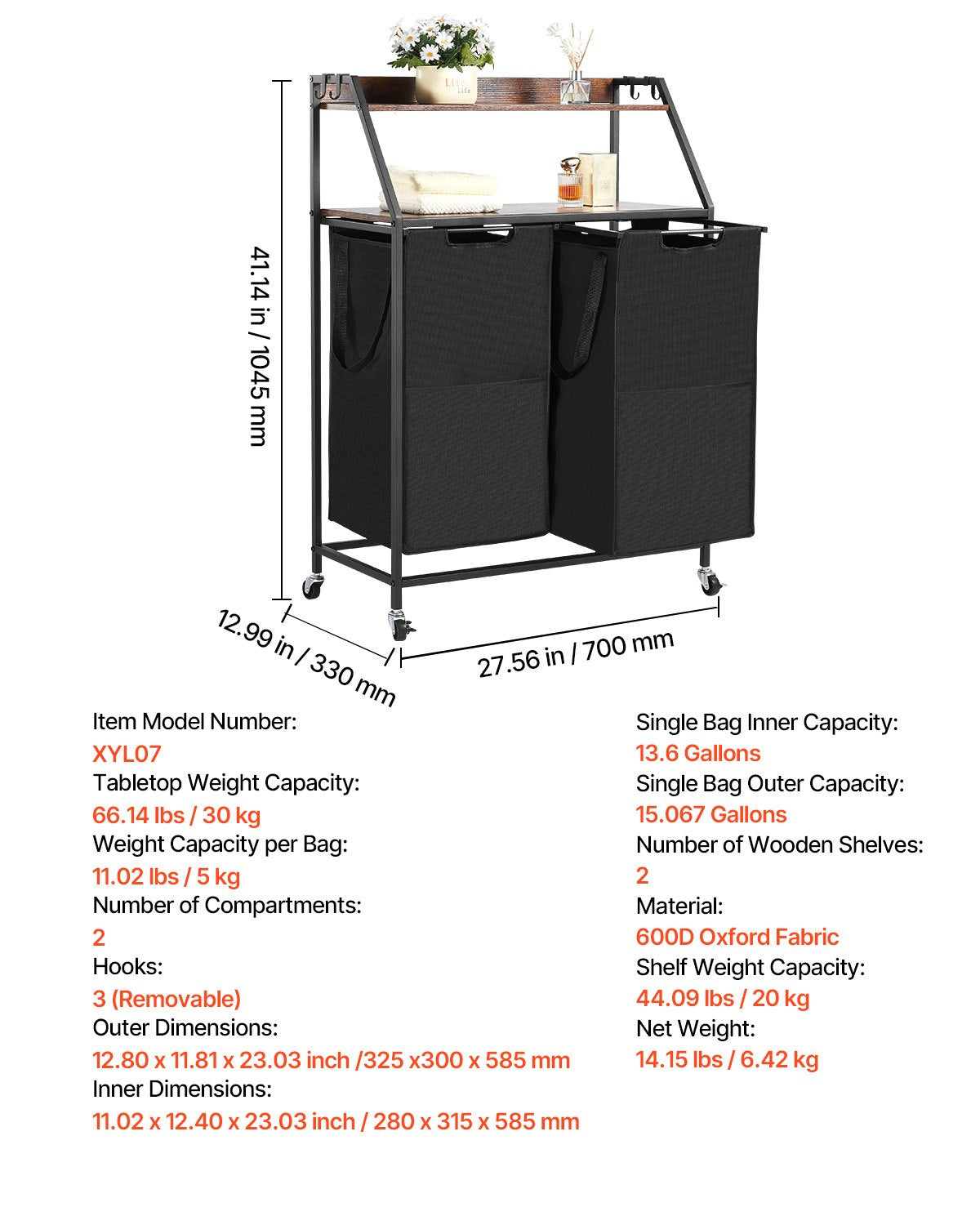 2 Tiers Laundry Sorter, Tall Laundry Hamper with Metal Frame and Wooden Tabletop, 2 Section Rolling Basket Organizer Storage with Ladder Shelves and 600D Oxford Cloth Bags for Dirty Clothes