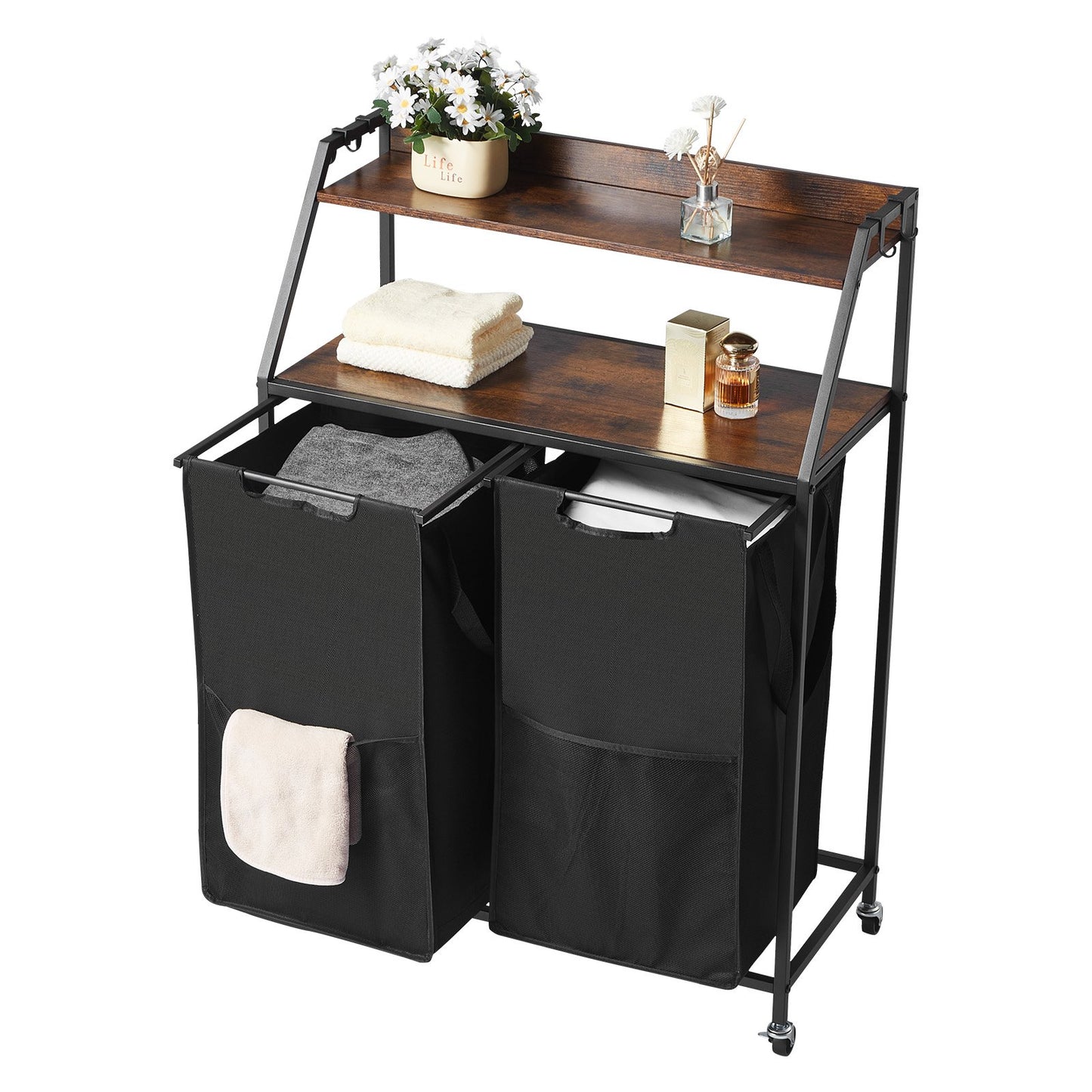 2 Tiers Laundry Sorter, Tall Laundry Hamper with Metal Frame and Wooden Tabletop, 2 Section Rolling Basket Organizer Storage with Ladder Shelves and 600D Oxford Cloth Bags for Dirty Clothes