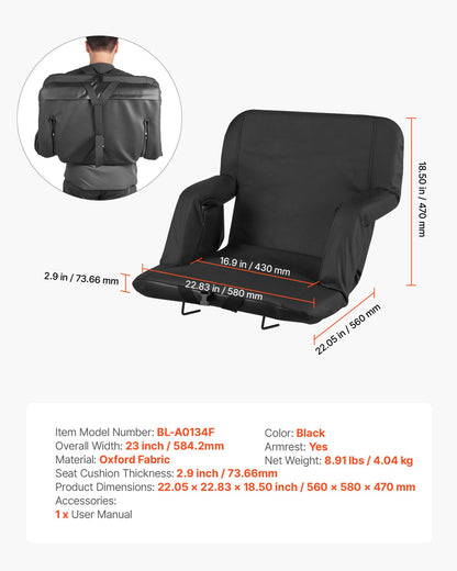Stadium Seat, 6 Adjustable Angle Bleacher Chair, 73.66mm Cushion Stadium Seat with Back Support and Armrest, Wide Bleacher Chair with Hook Pocket Cupholder for Picnics, Beach Sports, and Gaming
