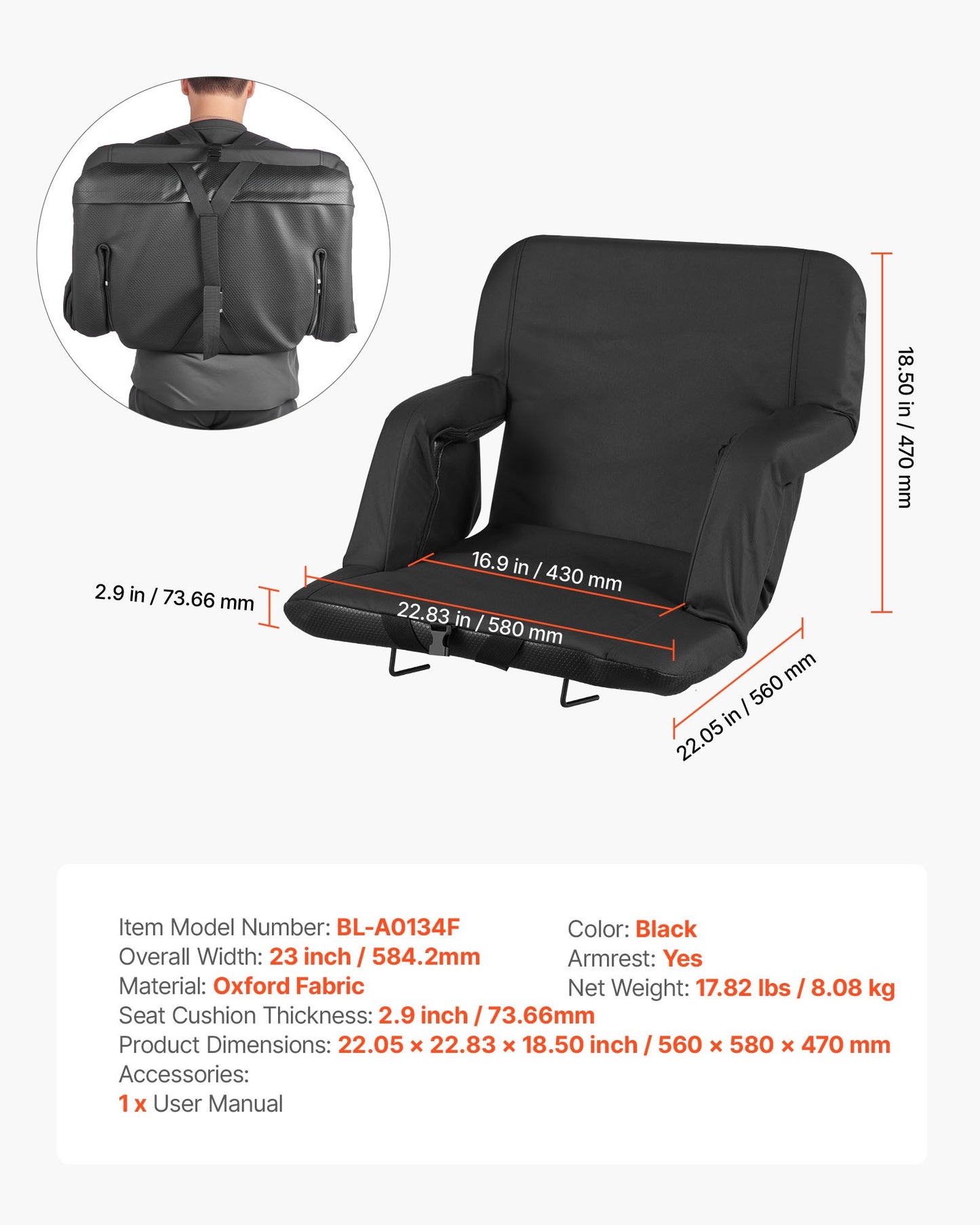 Stadium Seat, 6 Adjustable Angle Wide Bleacher Chair, 73.66mm Cushion Padded Stadium Seat with Armrest and Back Support, Stadiums Chair with Hook Cupholder for Picnics, Beach Sports, and Gaming