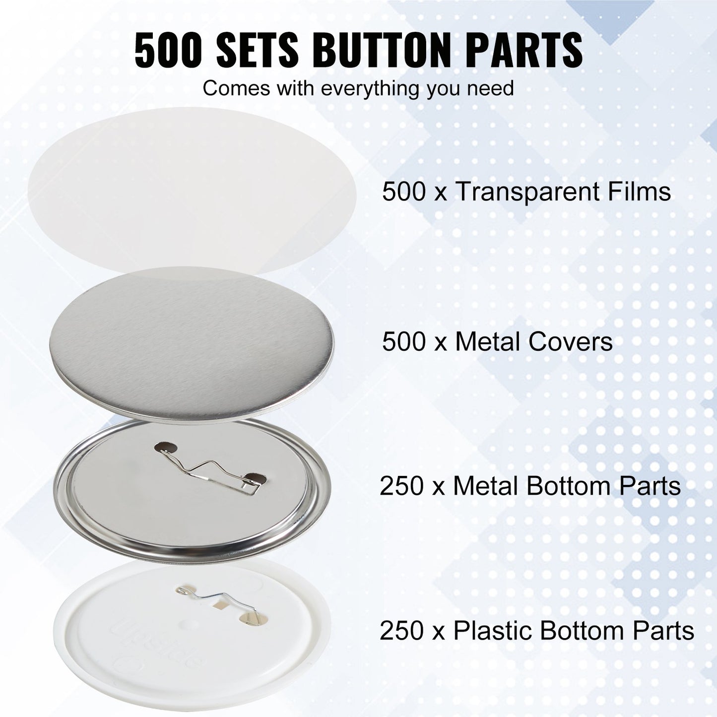 500 Sets 2.25 inch 58mm Pin Back Button Parts, DIY Round Button Badge Parts, Set Includes Metal Top, Plastic/Metal Button, Clear Film, and Blank Paper For Gifts Presents, Machine NOT Included