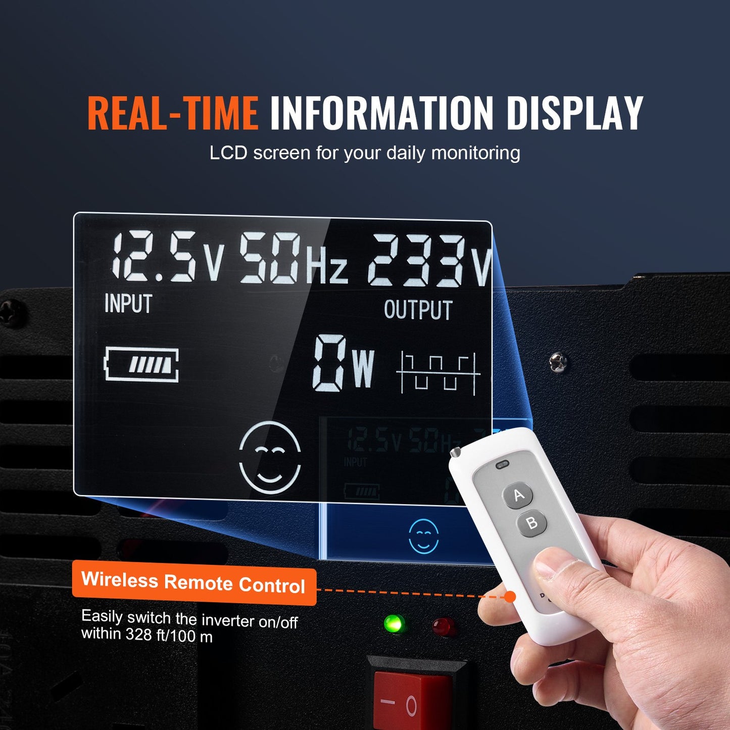 Modifizierter Sinus-Wechselrichter, 5000 W, 12 V DC auf 230 V AC, mit 2 AC-Steckdosen, 2 USB-Anschlüssen, 1 USB-C-Anschluss, LCD-Display und Fernbedienung für Haushaltsgeräte mit hohem Stromverbrauch, CE- und FCC-zertifiziert