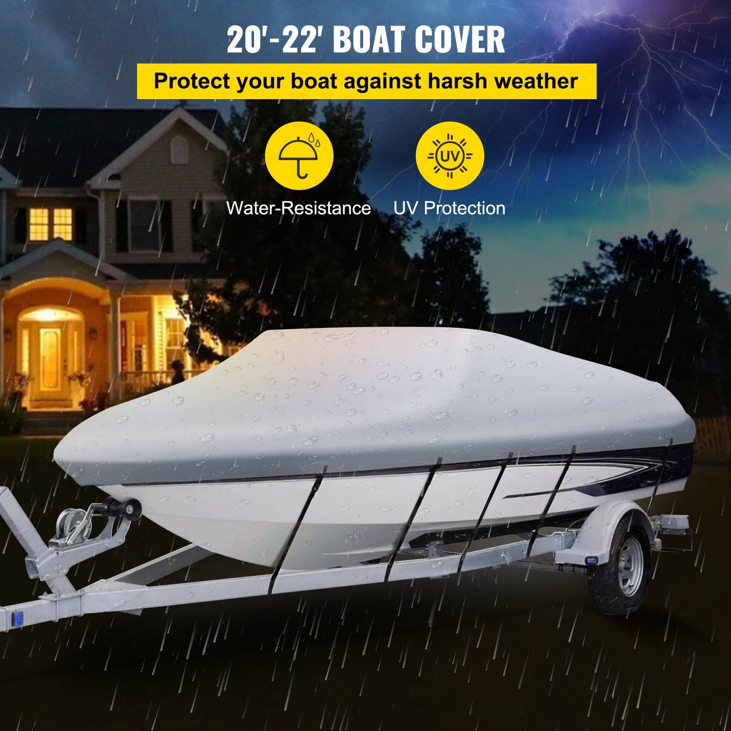 Waterproof Boat Cover, 609.6 cm-670.6 cm Trailerable Boat Cover, Beam Width up to 269.2 cm Hull Cover Heavy Duty 600D Marine Grade Polyester Mooring Cover for Fits V-Hull Boat with 5 Tightening Straps