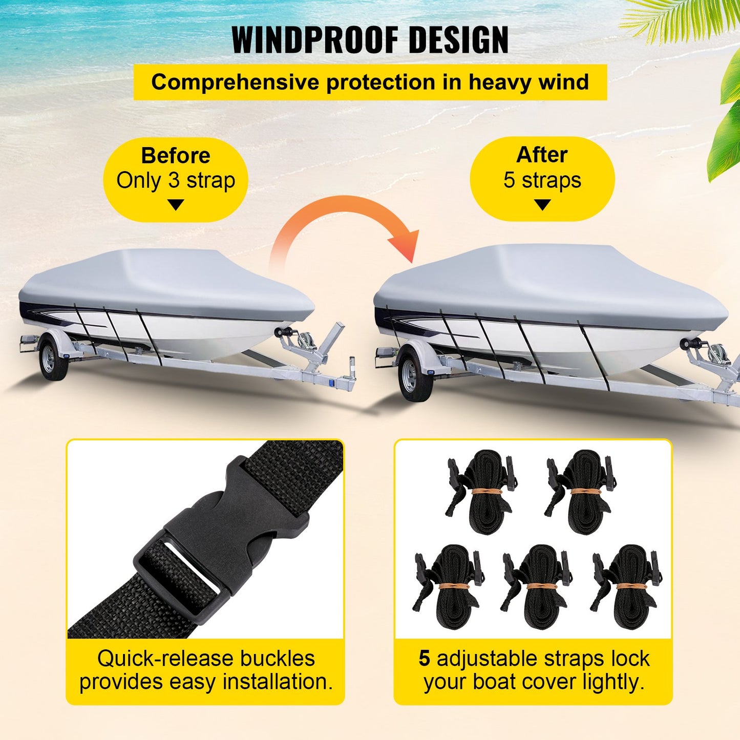 Waterproof Boat Cover, 609.6 cm-670.6 cm Trailerable Boat Cover, Beam Width up to 269.2 cm Hull Cover Heavy Duty 600D Marine Grade Polyester Mooring Cover for Fits V-Hull Boat with 5 Tightening Straps