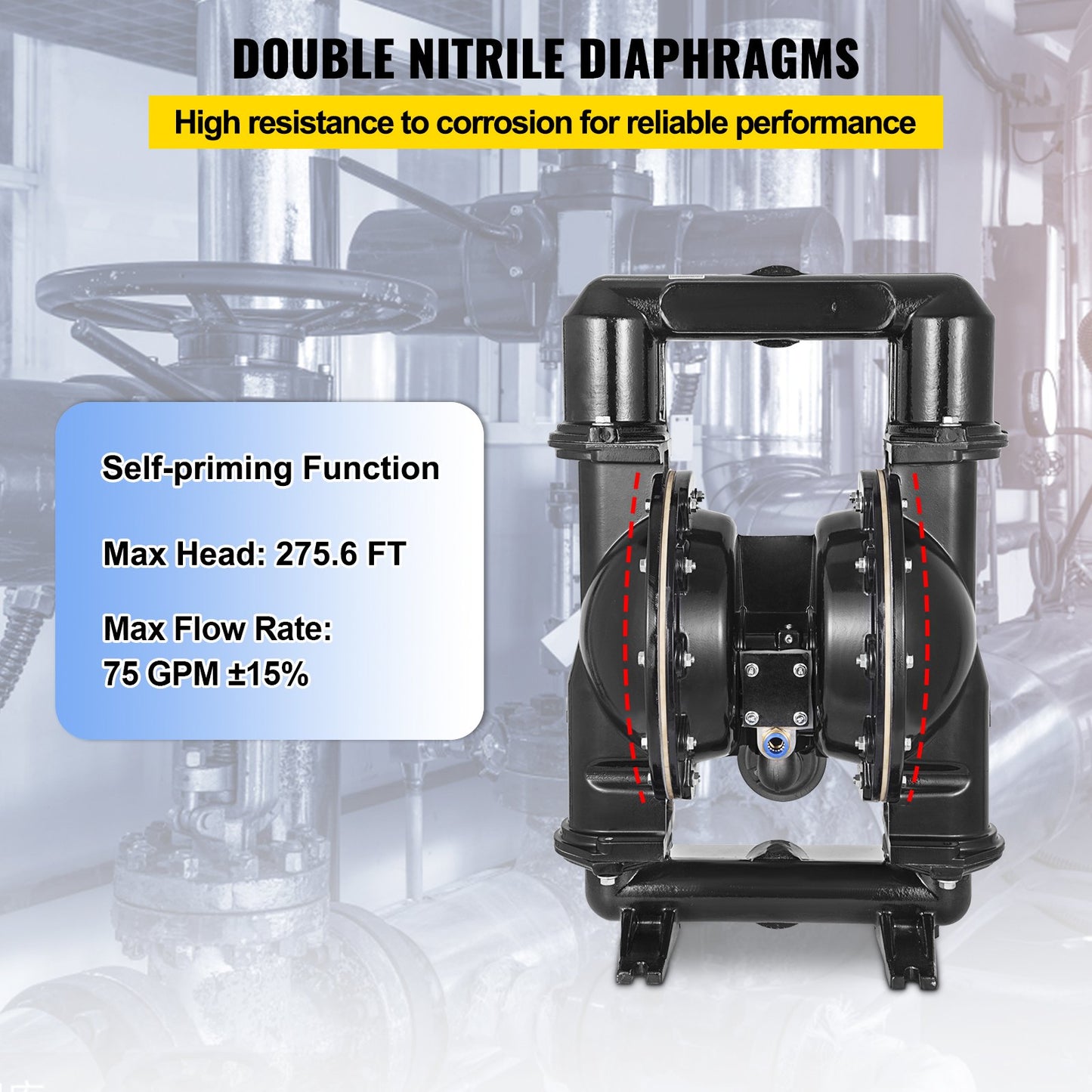 Air-Operated Double Diaphragm Pump, 2 inch Inlet & Outlet, Aluminum Alloy Body, 75 GPM & Max 120PSI, Nitrile Diaphragm Transfer Pump for Petroleum, Diesel, Oil and Low Viscosity Fluids