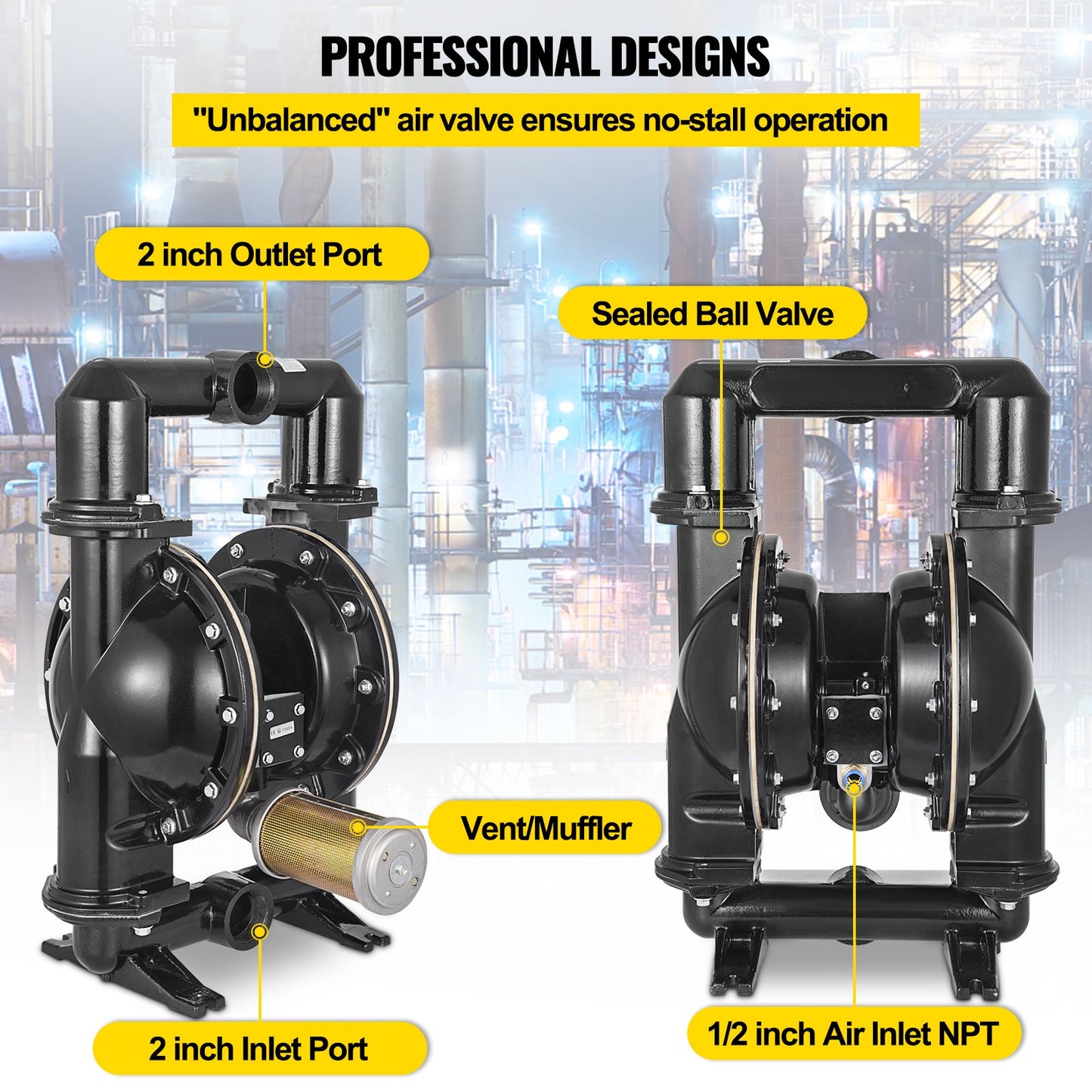 Air-Operated Double Diaphragm Pump, 2 inch Inlet & Outlet, Aluminum Alloy Body, 75 GPM & Max 120PSI, Nitrile Diaphragm Transfer Pump for Petroleum, Diesel, Oil and Low Viscosity Fluids