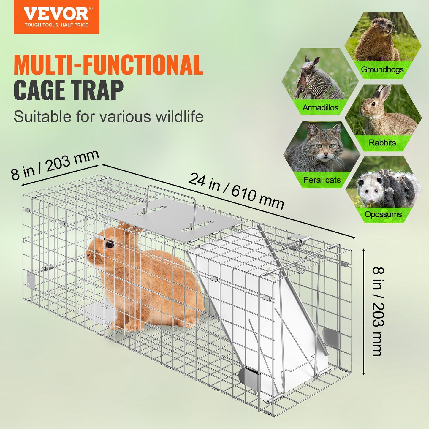 Live Animal Cage Trap, 61 x 20.3 x 20.3 cm Humane Cat Trap Galvanized Iron, Folding Animal Trap with Handle for Rabbits, Stray Cats, Squirrels, Raccoons, Groundhogs and Opossums