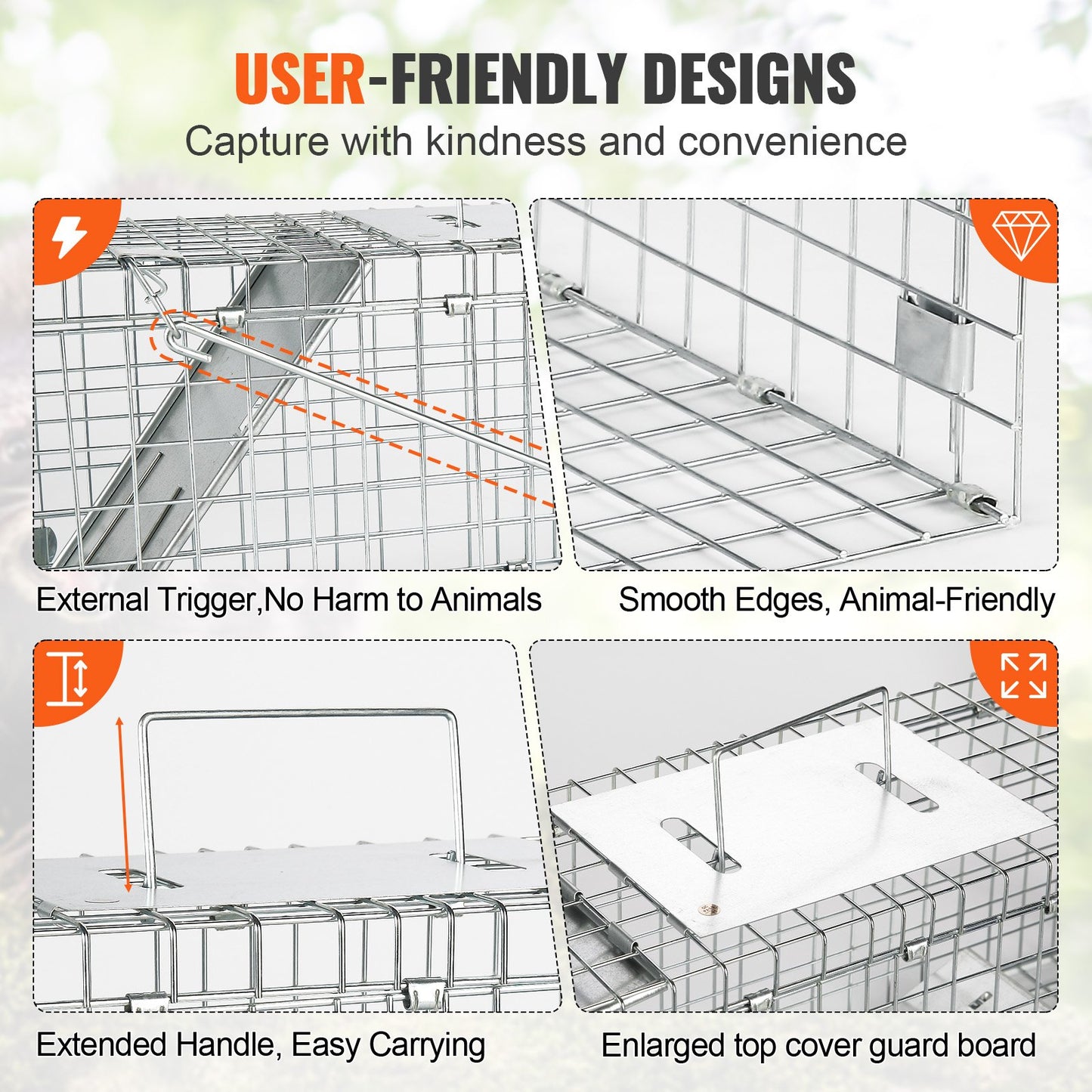 Live Animal Cage Trap, 61 x 20.3 x 20.3 cm Humane Cat Trap Galvanized Iron, Folding Animal Trap with Handle for Rabbits, Stray Cats, Squirrels, Raccoons, Groundhogs and Opossums