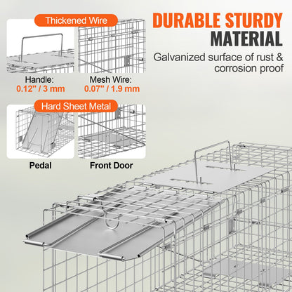 Live Animal Cage Trap, 61 x 20.3 x 20.3 cm Humane Cat Trap Galvanized Iron, Folding Animal Trap with Handle for Rabbits, Stray Cats, Squirrels, Raccoons, Groundhogs and Opossums