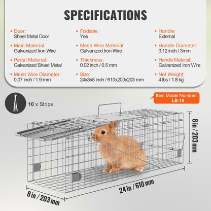 Live Animal Cage Trap, 61 x 20.3 x 20.3 cm Humane Cat Trap Galvanized Iron, Folding Animal Trap with Handle for Rabbits, Stray Cats, Squirrels, Raccoons, Groundhogs and Opossums