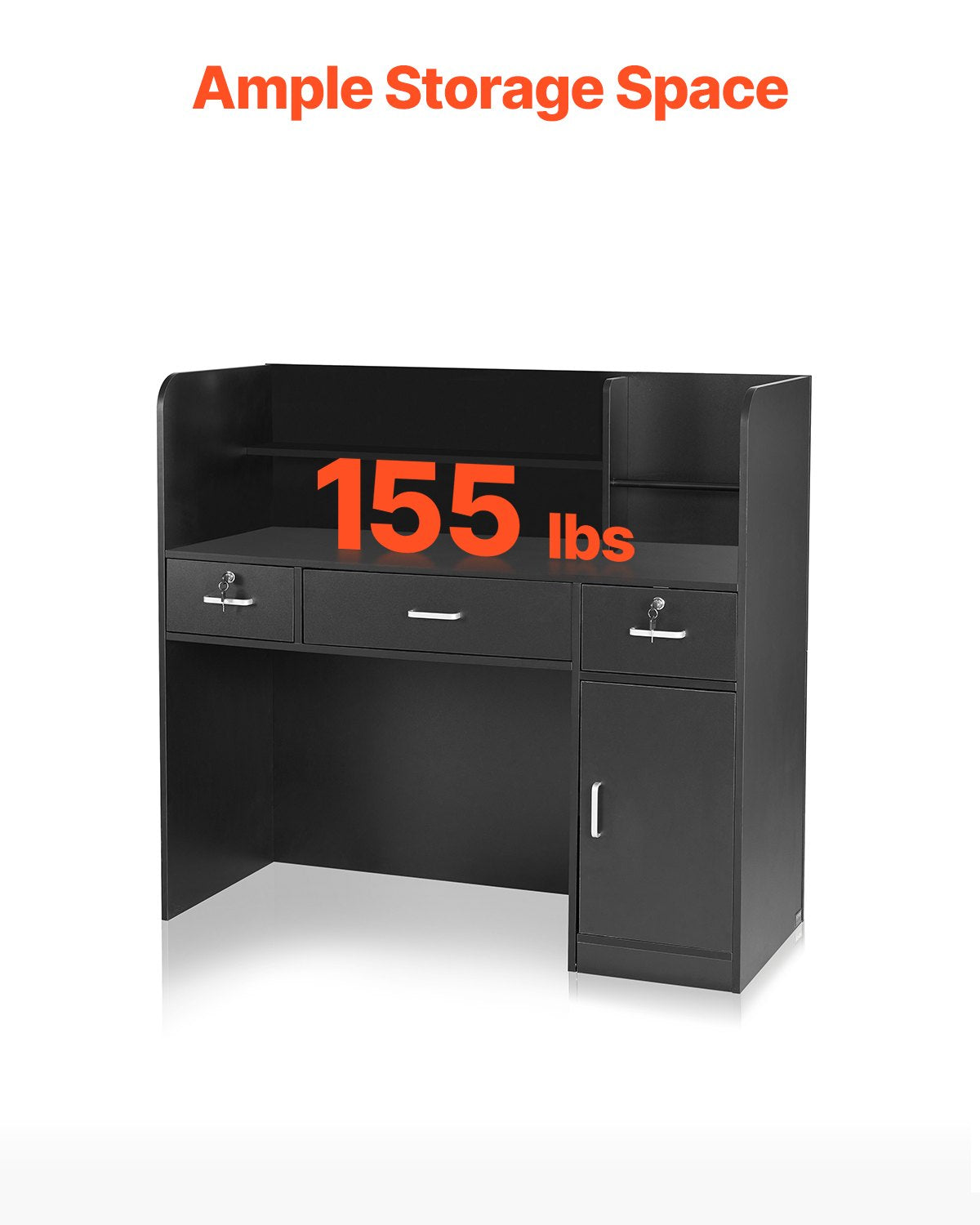 Reception Desk, 47.24 x 18.9 x 39.37 in Rectangular Front Counter Table, Office Reception Counter with Lockable Drawer and Storage Cabinet, for Checkout, Lobby, Beauty Salon and Office, Black
