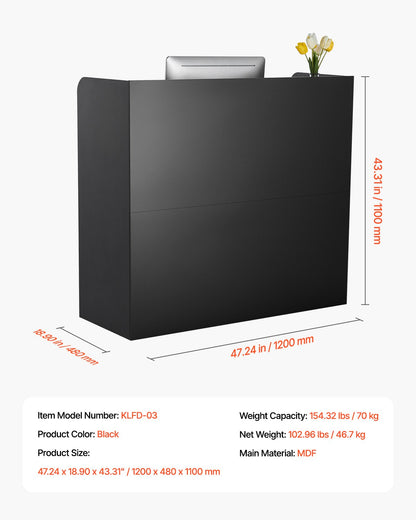 Reception Desk, 47.24 x 18.9 x 39.37 in Rectangular Front Counter Table, Office Reception Counter with Lockable Drawer and Storage Cabinet, for Checkout, Lobby, Beauty Salon and Office, Black