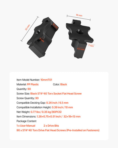 90PCS Hidden Deck Fasteners for Composite Decking Board, Universal Composite T Clips & Plastic Hidden Fasteners with Metal Screws,Polypropylene PP Clips Works with 6.5 mm Gaps, Black