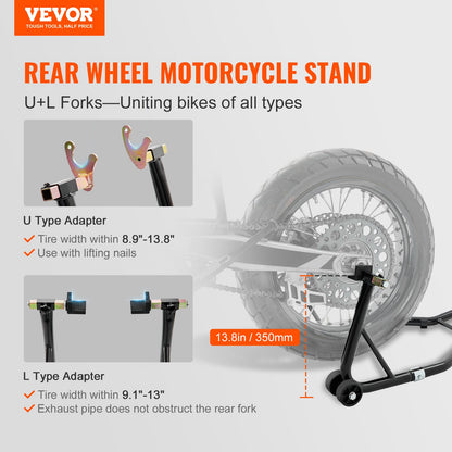 Motorcycle Rear Wheel Stand, with U + L Fork Swingarm Spool, 390 kg Capacity Heavy Duty Rear Wheel Stand Motorcycle Lift Jack Stand, for Suzuki Yamaha Honda Kawasaki, Black