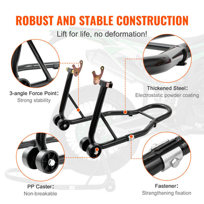 Motorcycle Rear Wheel Stand, with U + L Fork Swingarm Spool, 390 kg Capacity Heavy Duty Rear Wheel Stand Motorcycle Lift Jack Stand, for Suzuki Yamaha Honda Kawasaki, Black