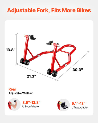 Motorcycle Rear Wheel Stand, 850 LBS Load Capacity Heavy Duty Rear Wheel Stand with U + L Fork Swingarm Spool, Adjustabe Motorcycle Lift Jack Stand, for Suzuki Yamaha Honda Kawasaki, Red