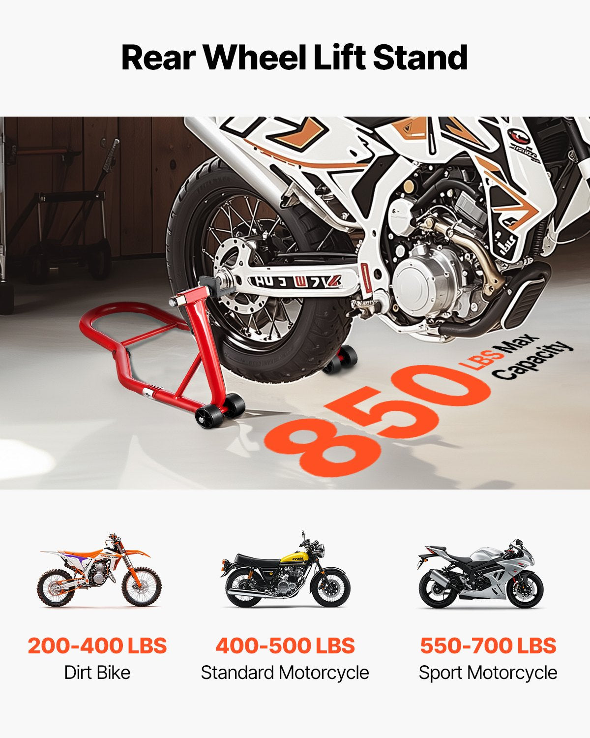 Motorcycle Rear Wheel Stand, 850 LBS Load Capacity Heavy Duty Rear Wheel Stand with U + L Fork Swingarm Spool, Adjustabe Motorcycle Lift Jack Stand, for Suzuki Yamaha Honda Kawasaki, Red
