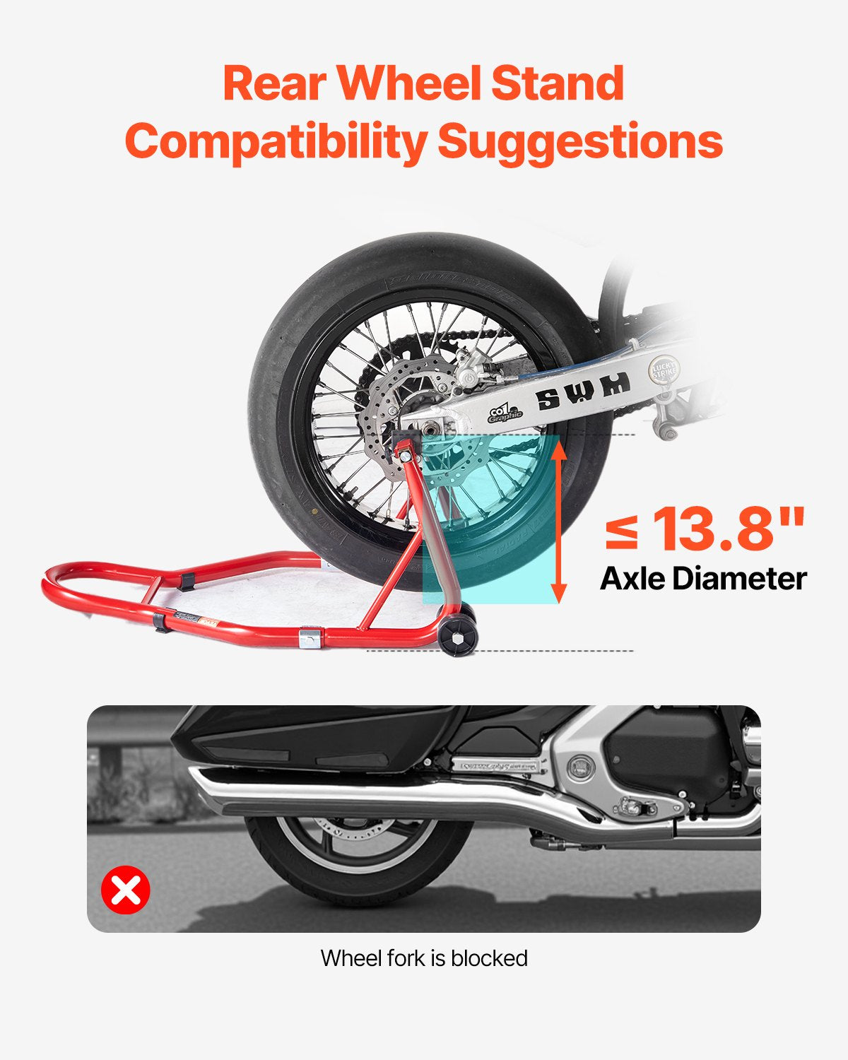 Motorcycle Rear Wheel Stand, 850 LBS Load Capacity Heavy Duty Rear Wheel Stand with U + L Fork Swingarm Spool, Adjustabe Motorcycle Lift Jack Stand, for Suzuki Yamaha Honda Kawasaki, Red