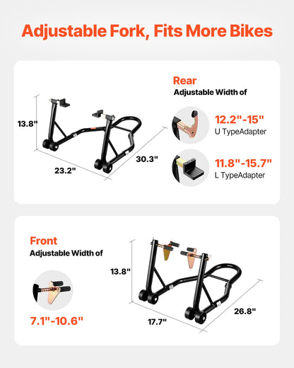 Motorcycle Stand Lift, 1100lbs Capacity Front Rear Combo Stand Lift, Front Wheel Dual-Fork Stand, Rear U+L Fork Swingarm Spool Stand, for Most Yamaha Honda Kawasaki Suzuki Motorcycles, Black