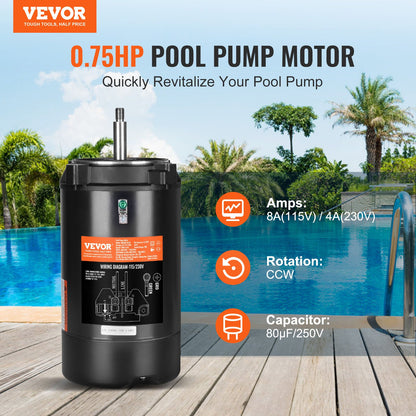 0.75 HP Pool Pump Motor, 56J Frame, 115V(8 Amps)/230V(4 Amps) 3450 RPM, 60Hz, 1.5 Service Factor, 80μF/250V Capacitor, CCW Rotation Round Flange Replacement Motor