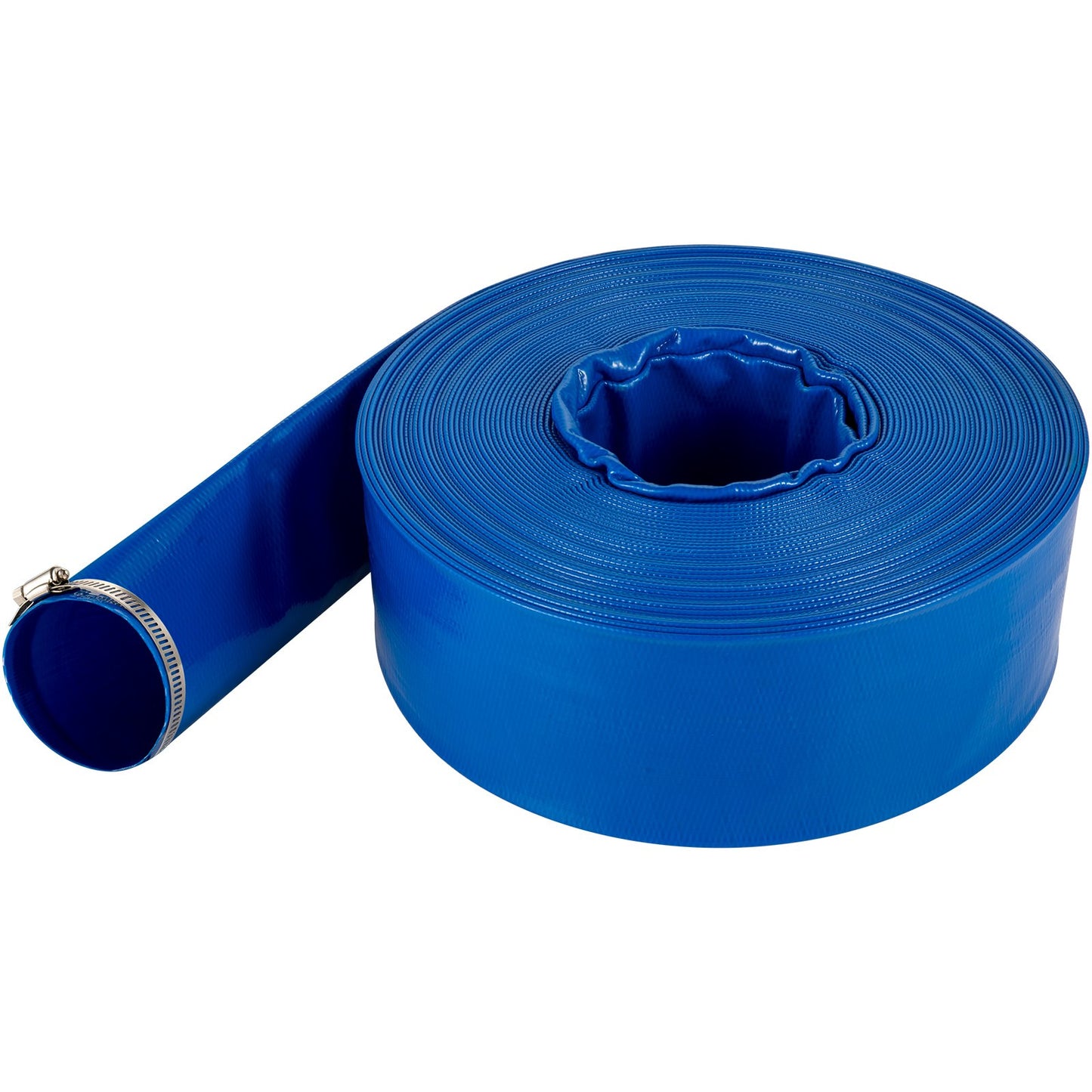 Ablaufschlauch, 3" x 105', PVC-Flachschlauch, Hochleistungs-Rückspülschlauch mit Klemmen, wetterfest und platzsicher, ideal für Schwimmbäder und Wasserumwälzung, blau