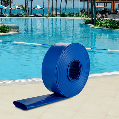 Discharge Hose, 3.81 x 3200.4 cm, PVC Fabric Lay Flat Hose, Heavy Duty Backwash Drain Hose with Clamps, Weather-proof & Burst-proof, Ideal for Swimming Pool & Water Transfer, Blue