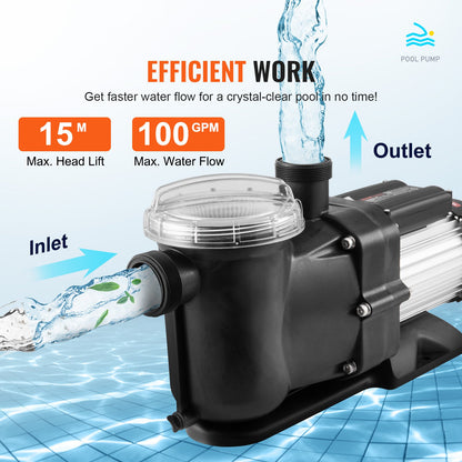 Above Ground Pool Pump, 1118W(1.5HP), 378 L/min((100 GPM) Max. Flow Single Speed Swimming Pool Pump, 220V 2850RPM 15M Max. Head Lift Pool Pump with Filter Basket, for Above Ground Pools Hot Tubs Spas, UL Certified