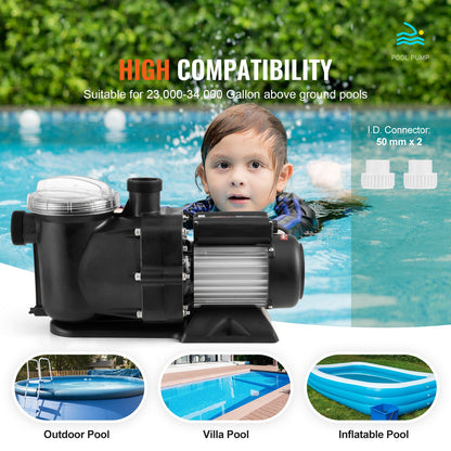 Above Ground Pool Pump, 1491W(2 HP), 435 L/min(115 GPM) Max. Flow Single Speed Swimming Pool Pump, 220V 2850RPM 15M Max. Head Lift Pool Pump with Filter Basket, for Above Ground Pools Hot Tubs Spas, UL Certified