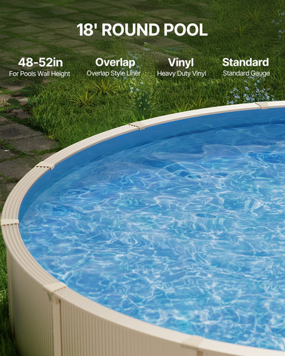 Pool Liner, 18ft Round Swimming Pool Liner, Standard Gauge, Long Lasting Vinyl Pool Liner, Overlap Style, Liner Replacement for 52in Wall Height Above Ground Swimming Pool, Solid Color