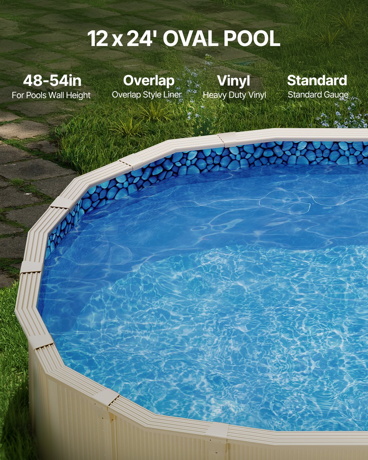 Ovale Poolfolie 12 x 24 Fuß, Überlappungs-Poolfolie für Aufstellpools, 48 ​​bis 54 Zoll Wandhöhe, strapazierfähige Poolfolie, Standard-Vinylstärke, für Aufstellpools mit Stahlwänden