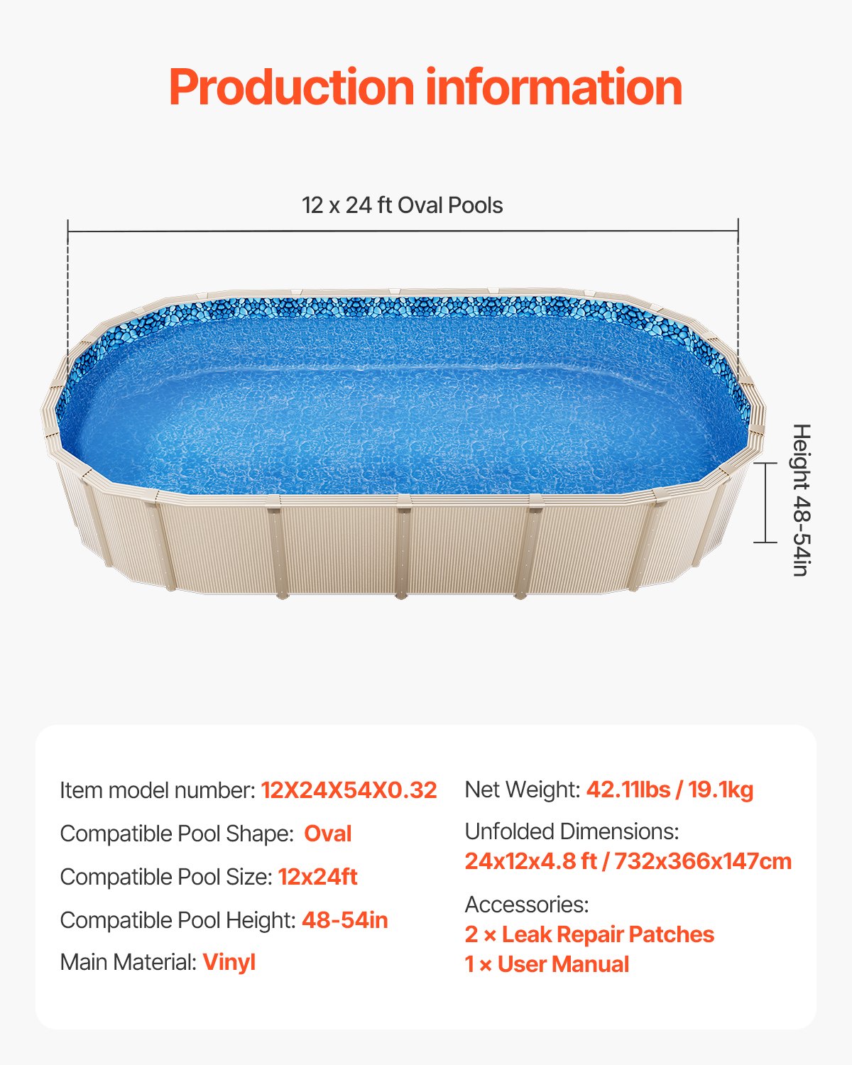 Ovale Poolfolie 12 x 24 Fuß, Überlappungs-Poolfolie für Aufstellpools, 48 ​​bis 54 Zoll Wandhöhe, strapazierfähige Poolfolie, Standard-Vinylstärke, für Aufstellpools mit Stahlwänden
