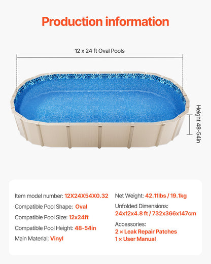 Ovale Poolfolie 12 x 24 Fuß, Überlappungs-Poolfolie für Aufstellpools, 48 ​​bis 54 Zoll Wandhöhe, strapazierfähige Poolfolie, Standard-Vinylstärke, für Aufstellpools mit Stahlwänden