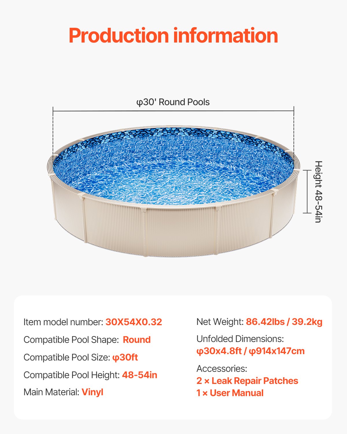 30-ft Round Above Ground Pool Liner, Overlap Pool Liners, Standard Gauge Vinyl, 48-to-54inch Wall Height, Designed for Steel Sided Above-Ground Swimming Pools