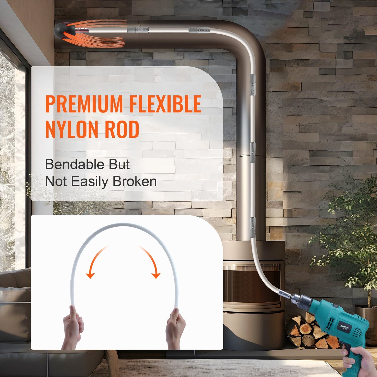 7 m Chimney Sweep Kit, w/ 7 Reinforced Nylon Flexible Rods, Ergonomic Chimney Cleaning Brush, 360-Degree Brush Chimney Cleaner, Rich Accessories for Fireplace Flue Home Use Fits most Pipes