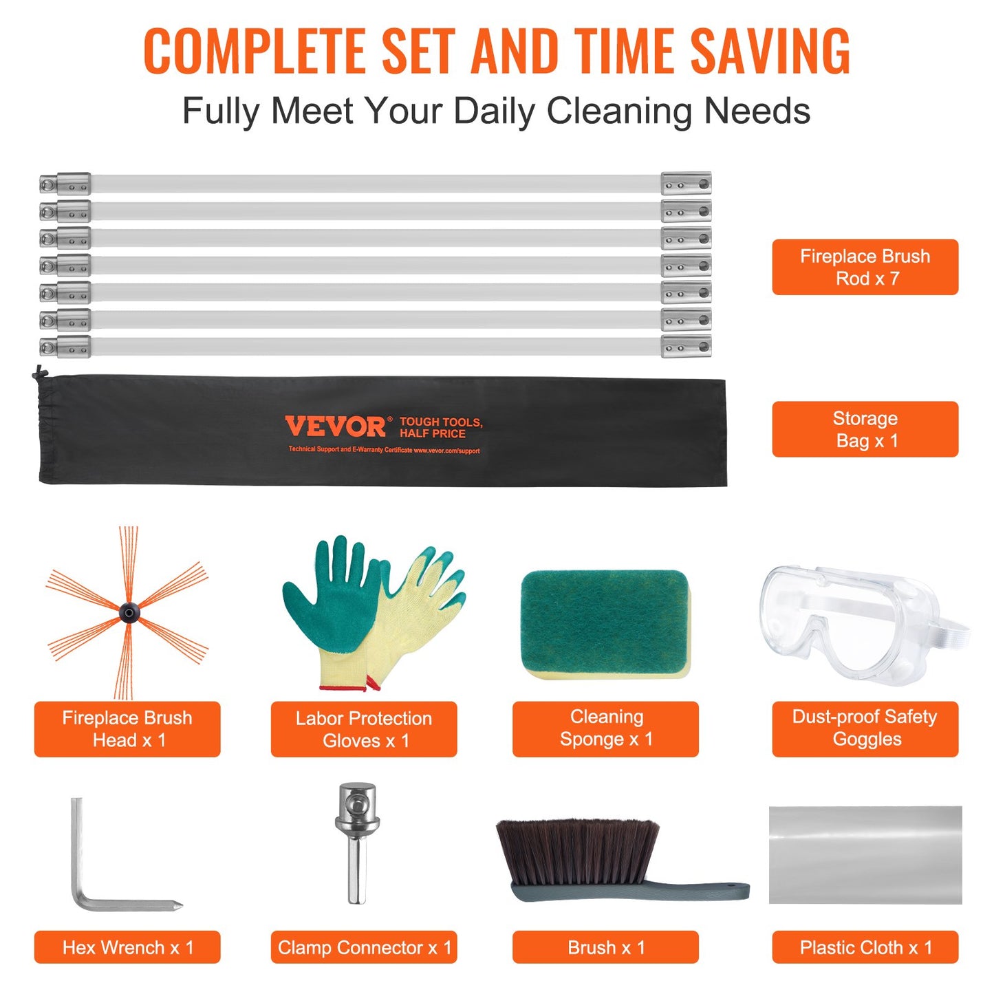 7 m Chimney Sweep Kit, w/ 7 Reinforced Nylon Flexible Rods, Ergonomic Chimney Cleaning Brush, 360-Degree Brush Chimney Cleaner, Rich Accessories for Fireplace Flue Home Use Fits most Pipes