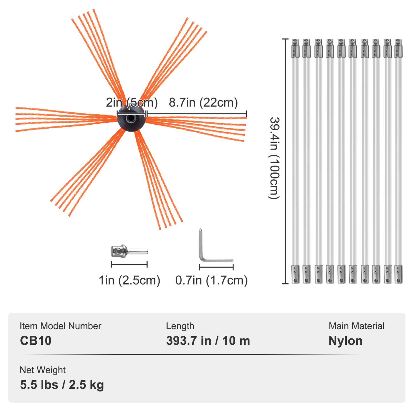 10 m Chimney Sweep Kit, w/ 10 Reinforced Nylon Flexible Rods, Ergonomic Chimney Cleaning Brush, 360-Degree Brush Chimney Cleaner, Rich Accessories for Fireplace Flue Home Use Fits most Pipes