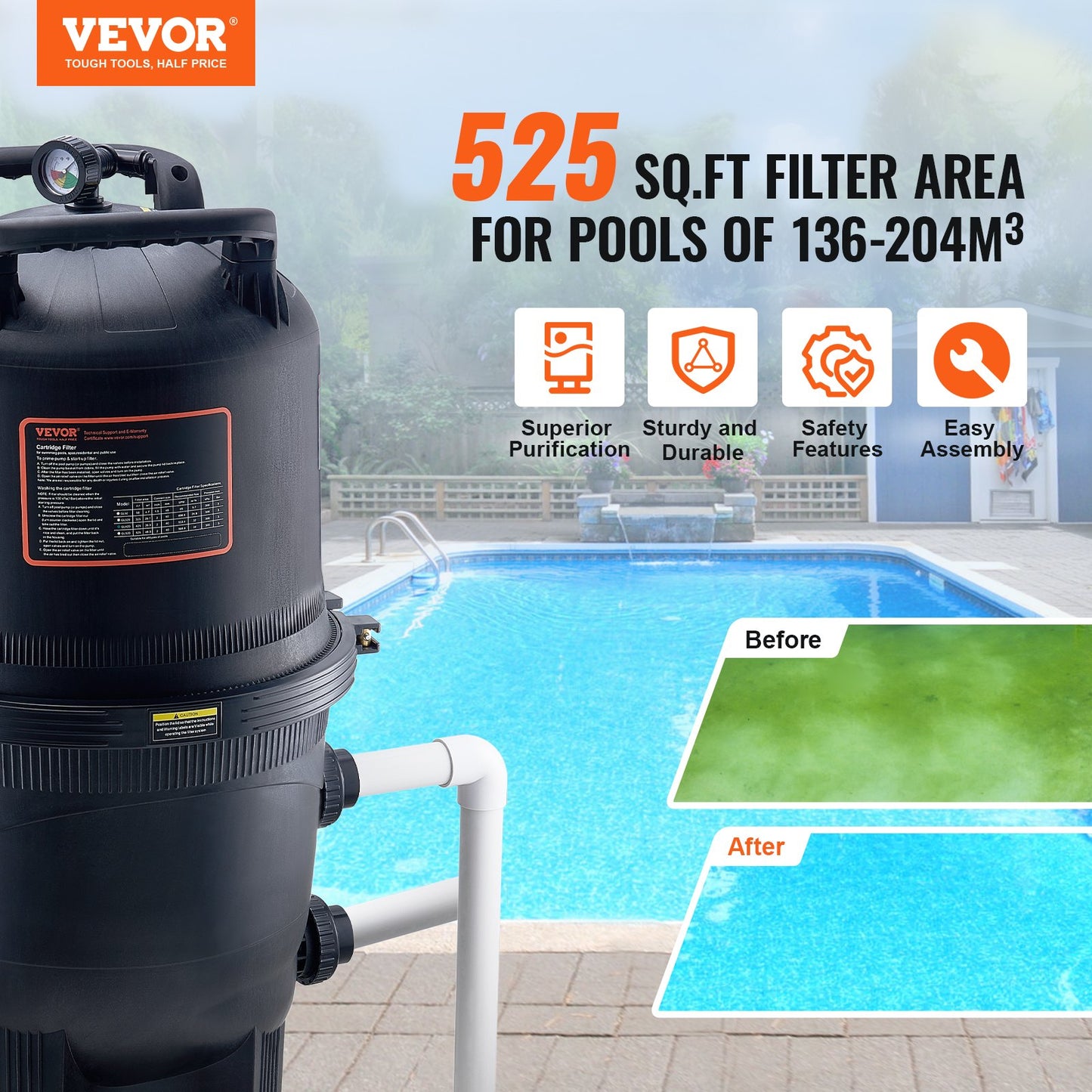 Cartridge Pool Filter, 49 Sq.m Filter Area Inground Pool Filter, Above Ground Swimming Pool Filtration Filter System with Upgrade Filter &Leak-proof, for Hot Tubs, Spa, Inflatable Pool