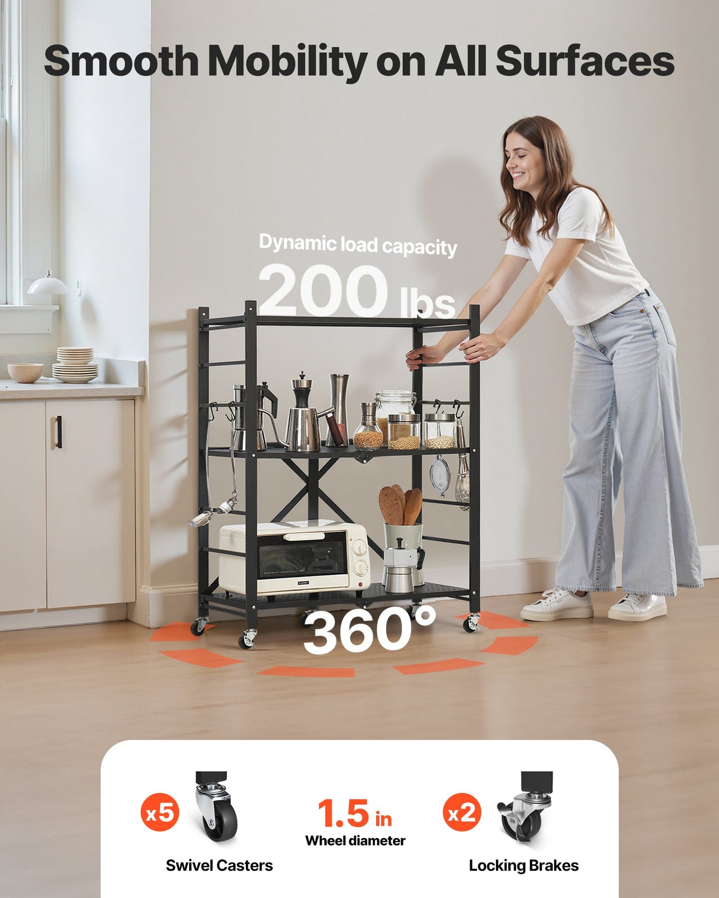 3-Tier Foldable Storage Shelf, 30W x 13D x 36H Inch Folding Metal Rack Shelving Unit, No Assembly Organizer Shelf with 5 Wheels & 4 Hooks for Pantry, Kitchen, Garage, Basement, Black