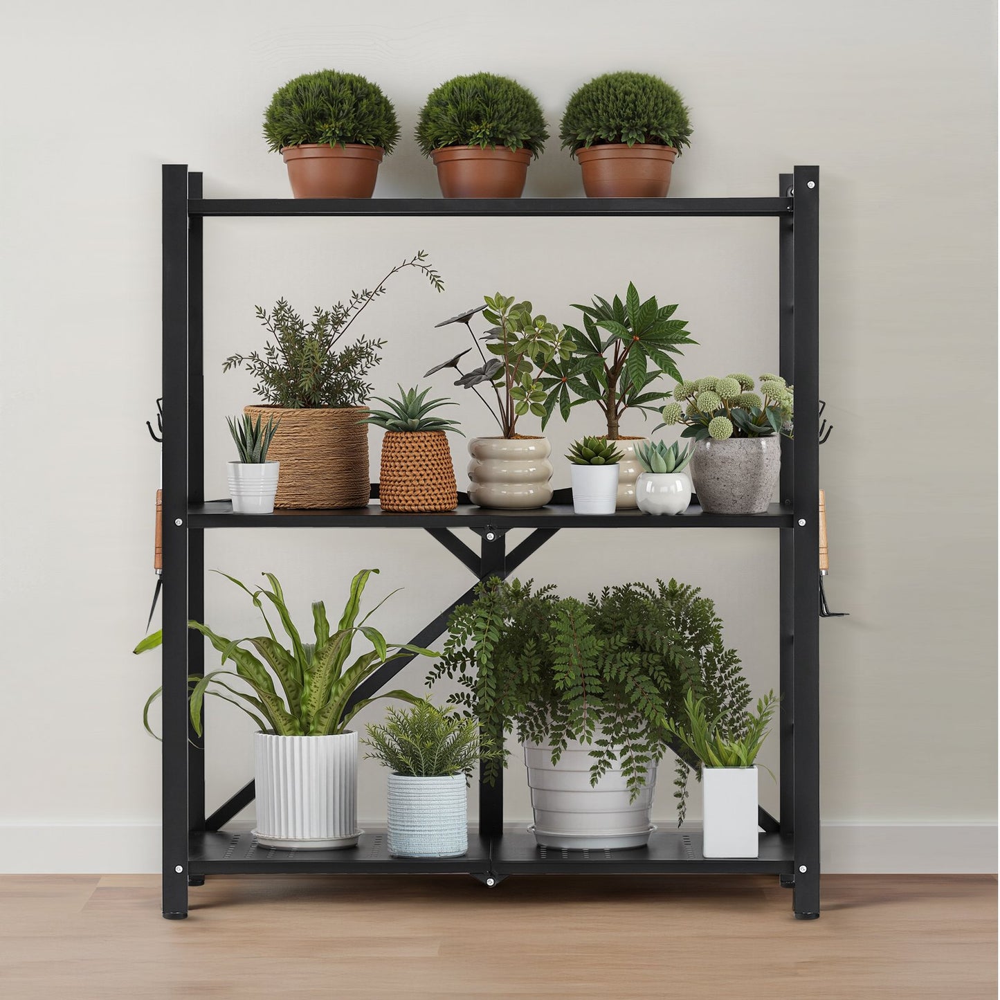 3-Tier Foldable Storage Shelf, 30W x 13D x 36H Inch Folding Metal Rack Shelving Unit, No Assembly Organizer Shelf with 5 Wheels & 4 Hooks for Pantry, Kitchen, Garage, Basement, Black