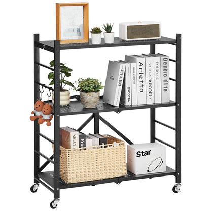 3-Tier Foldable Storage Shelf, 30W x 13D x 36H Inch Folding Metal Rack Shelving Unit, No Assembly Organizer Shelf with 5 Wheels & 4 Hooks for Pantry, Kitchen, Garage, Basement, Black
