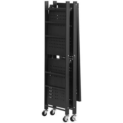 3-Tier Foldable Storage Shelf, 30W x 13D x 36H Inch Folding Metal Rack Shelving Unit, No Assembly Organizer Shelf with 5 Wheels & 4 Hooks for Pantry, Kitchen, Garage, Basement, Black