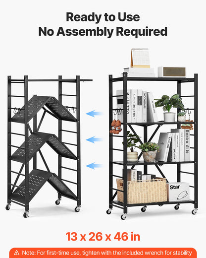 4-Tier Foldable Storage Shelf, 26W x 13D x 46H Inch Folding Metal Rack Shelving Unit, No Assembly Organizer Shelf with 5 Wheels & 4 Hooks for Pantry, Kitchen, Garage, Basement, Black