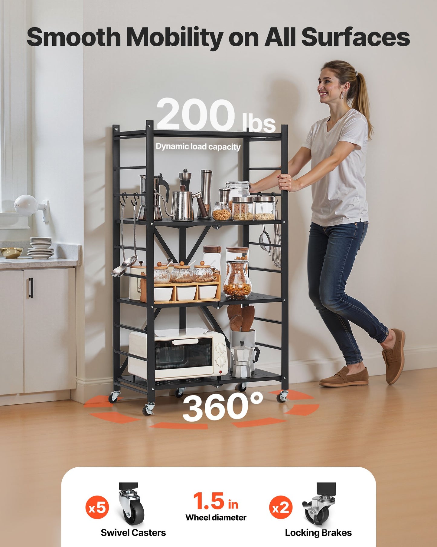 4-Tier Foldable Storage Shelf, 26W x 13D x 46H Inch Folding Metal Rack Shelving Unit, No Assembly Organizer Shelf with 5 Wheels & 4 Hooks for Pantry, Kitchen, Garage, Basement, Black