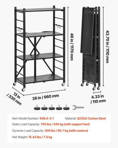 4-Tier Foldable Storage Shelf, 26W x 13D x 46H Inch Folding Metal Rack Shelving Unit, No Assembly Organizer Shelf with 5 Wheels & 4 Hooks for Pantry, Kitchen, Garage, Basement, Black