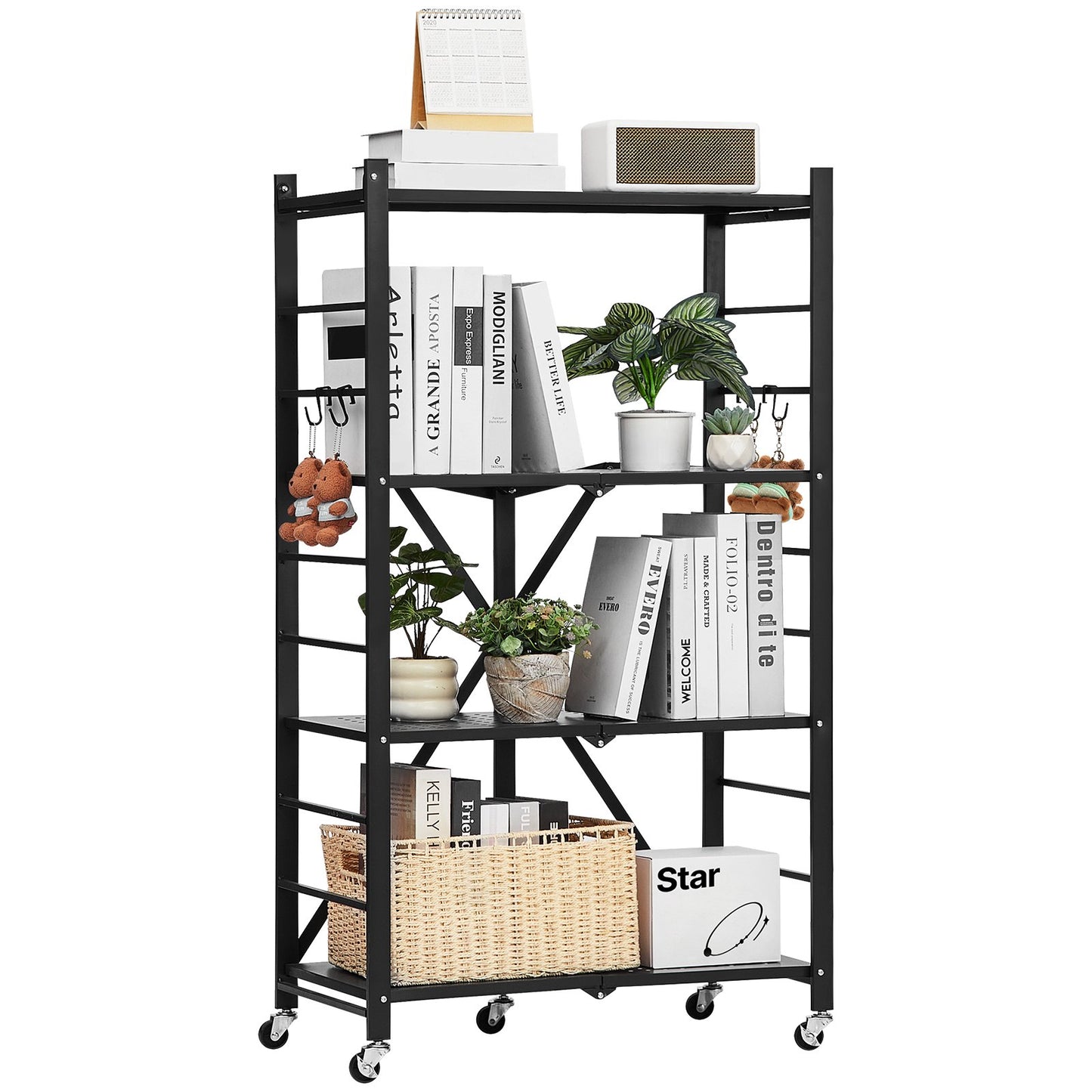 4-Tier Foldable Storage Shelf, 26W x 13D x 46H Inch Folding Metal Rack Shelving Unit, No Assembly Organizer Shelf with 5 Wheels & 4 Hooks for Pantry, Kitchen, Garage, Basement, Black