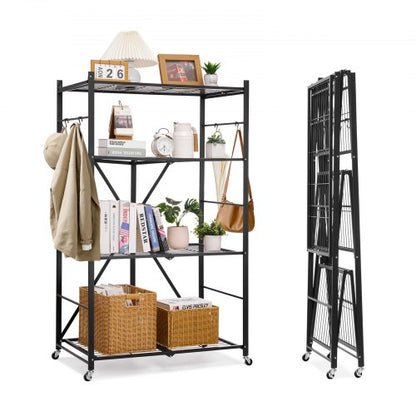 4-Tier Foldable Storage Shelf, 36W x 21D x 60H Inch Folding Metal Rack Shelving Unit, No Assembly Organizer Shelf with 5 Wheels & 4 Hooks for Pantry, Kitchen, Garage, Basement, Black
