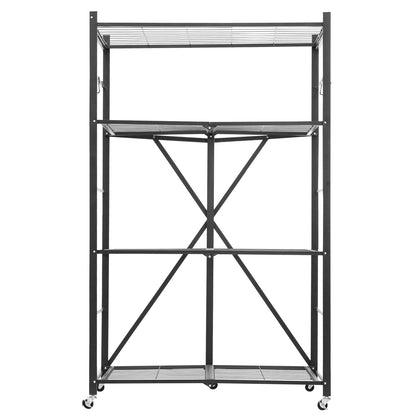 4-Tier Foldable Storage Shelf, 36W x 21D x 60H Inch Folding Metal Rack Shelving Unit, No Assembly Organizer Shelf with 5 Wheels & 4 Hooks for Pantry, Kitchen, Garage, Basement, Black