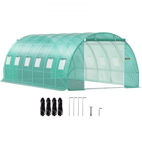 Walk-in Tunnel Greenhouse, 609.6 x 304.8 x 213.4 cm Portable Plant Hot House w/ Galvanized Steel Hoops, 3 Top Beams, 4 Diagonal Poles, 2 Zippered Doors & 12 Roll-up Windows, Green