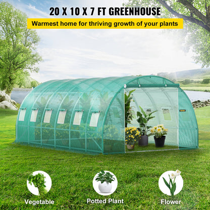 Walk-in Tunnel Greenhouse, 609.6 x 304.8 x 213.4 cm Portable Plant Hot House w/ Galvanized Steel Hoops, 3 Top Beams, 4 Diagonal Poles, 2 Zippered Doors & 12 Roll-up Windows, Green